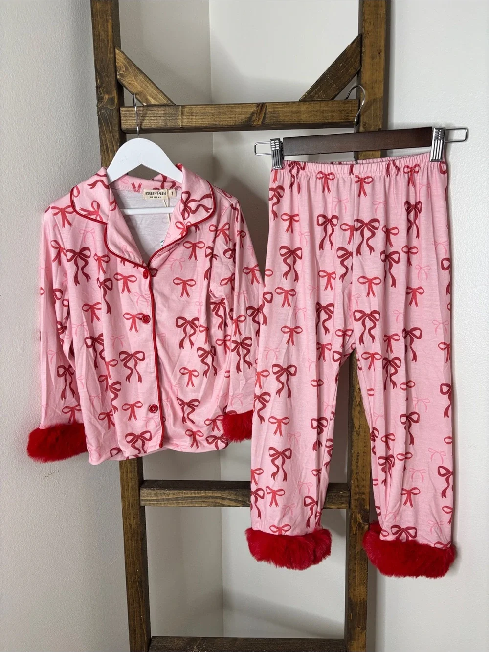 Pink Bow-Print Kids Pajama Set with Red Fur Trim Size 7